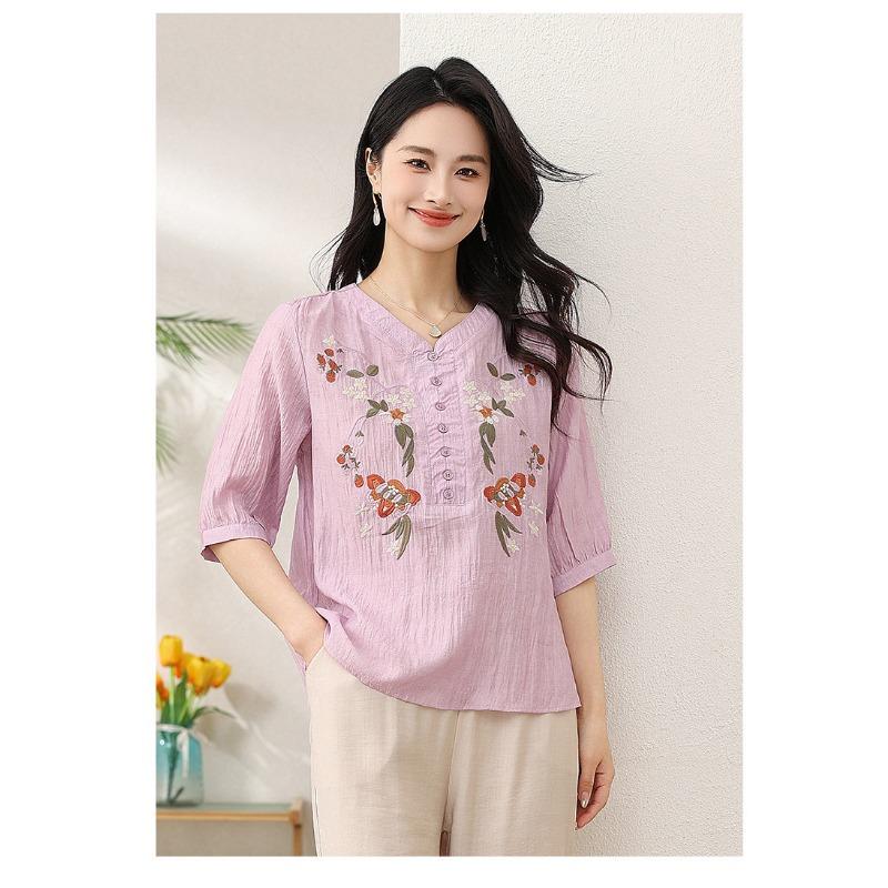 Women Pink V Neck Floral Embroidery Half Placket Three Quarter Sleeve Cotton Linen Blouse