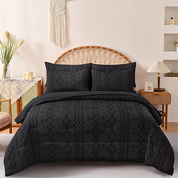 

Boho Shabby Chic Comforter Geometry Embroidery 3 Pieces Soft Microfiber Comforter Bedding Set for All Seasons Twin чёрный