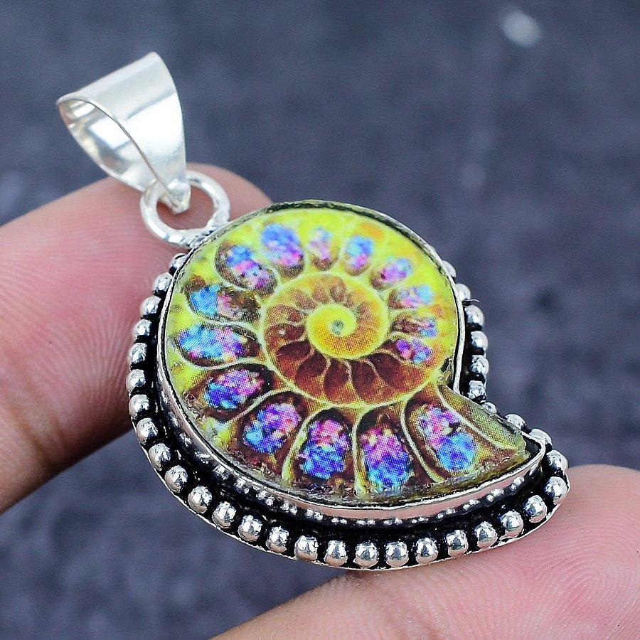 Ammonite Fossil Gemstone Handmade 925 Sterling Silver Jewelry Pendant 1.85" V1J51