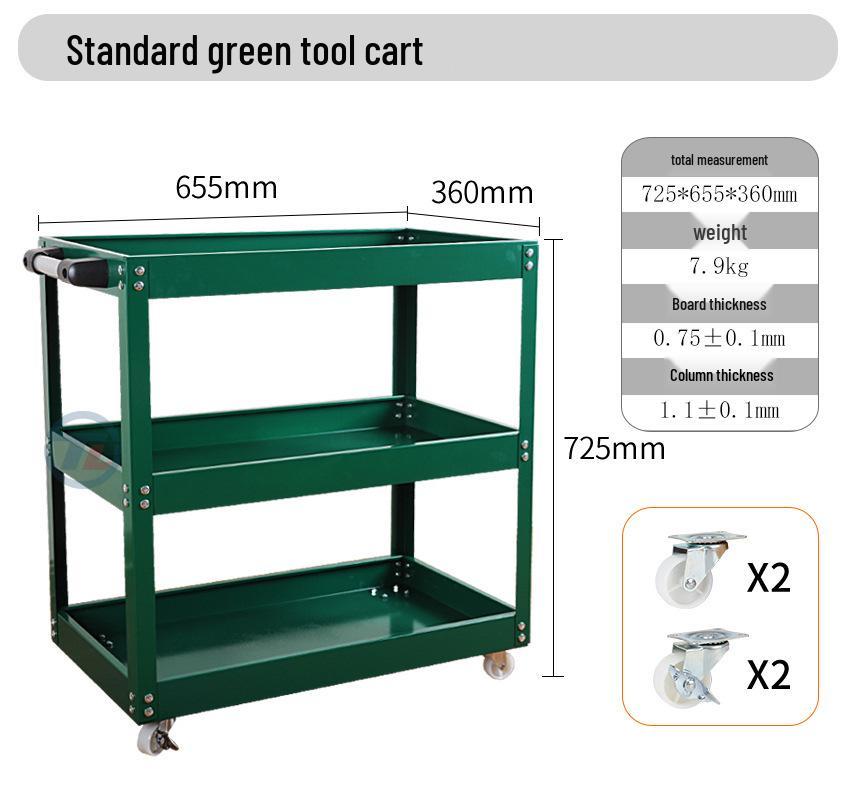 Three-Layer Tool Cart with Wheels & Pegboard - Universal Casters for Auto Repair