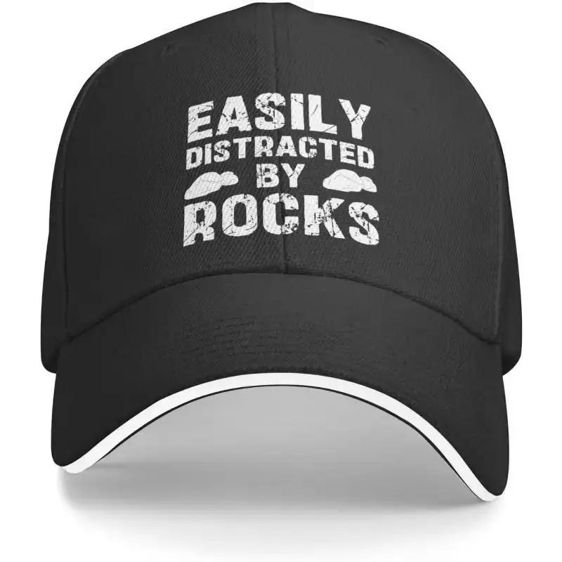 Easily Distracted By Rocks Baseball Cap Funny Geology Lover Adjustable Polyester Casual Hat Gift One Size