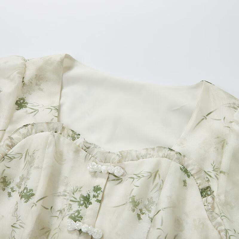 Women's New Chinese Style Floral Puff Sleeve A-Line Dress