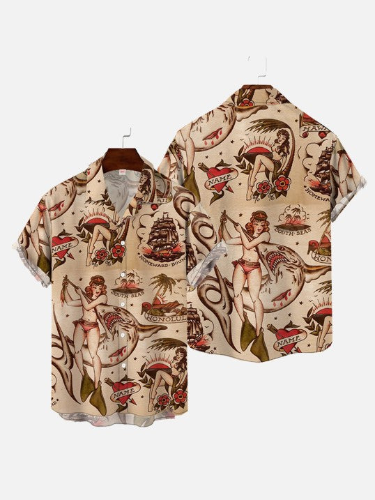 Mermaid retro printed shirts Men's European and American pattern Summer casual short sleeved shirt Hawaiian button
