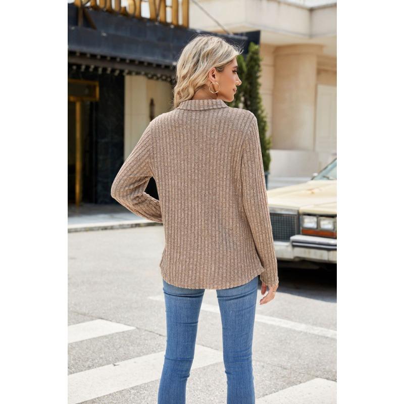 YYFS Women's Fashion Casual Spring Fall Solid Color Print Long Sleeve POLO Neck Blouses & Shirts