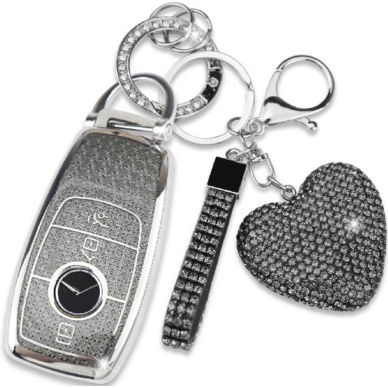 Key Fob Cover with Diamond Keychain for Mercedes Benz Women Car Key Shell Compatible with Benz 2017- E-Class 2018- S-Class - A-Class C-Class G-Class