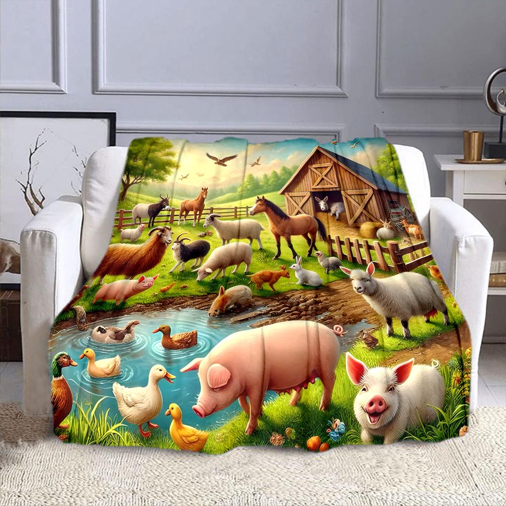 "Farm Animals in Scenic Countryside" Patterned flannel blanket perfect for the bedroom living room, sofa, or a little nap