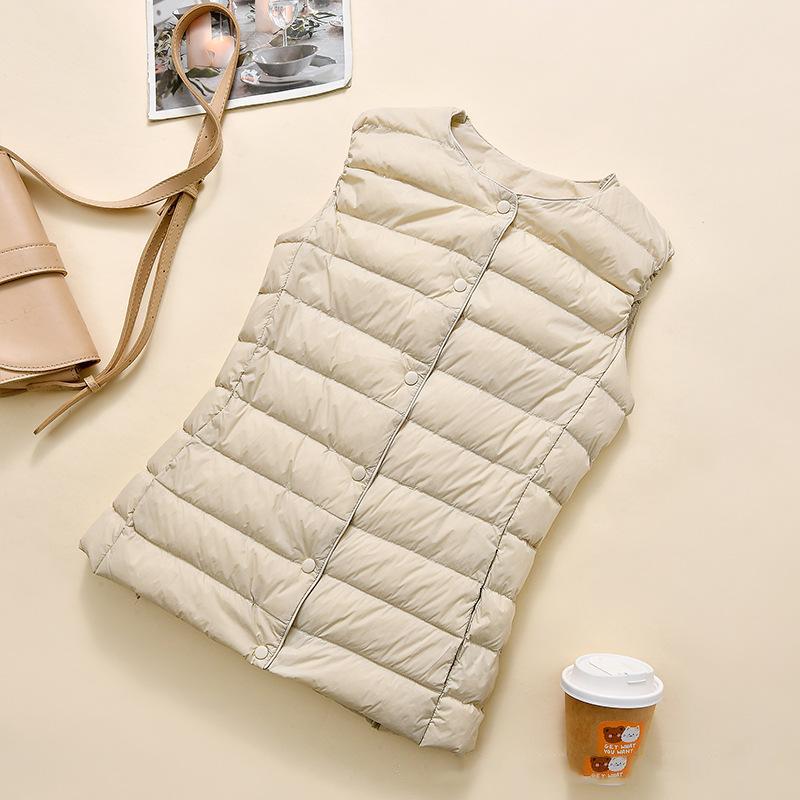 Autumn Winter Women White Duck Down Jacket O-Neck Solid Color Sleeveless Button Slim Lightweight Down Vest M-4XL