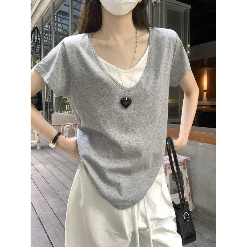 Women Fake Two Piece V Neck Color Block Loose Casual Short Sleeve T Shirt