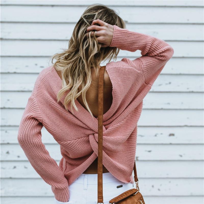 Casual Solid Knit Sweater Ladies V Neck Crew Neck Warm Daily Long Sleeve Blouse
