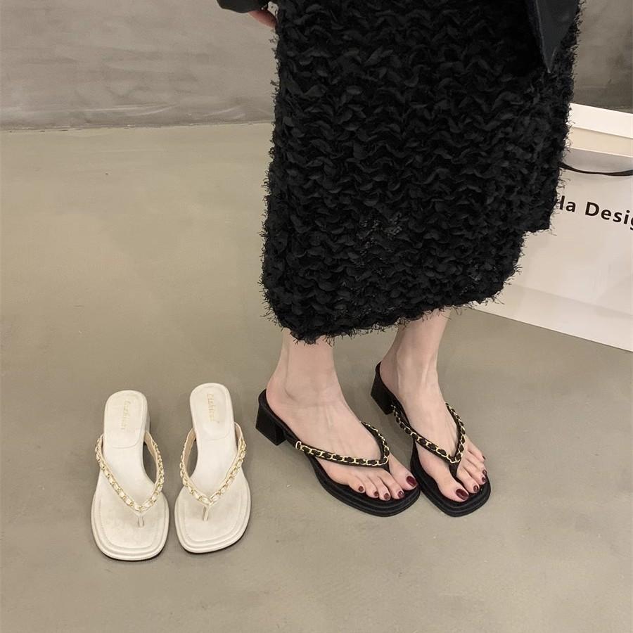 Height-increasing Version~ 2025 Summer New Thick-heeled Flip-flops, Women's Shoes Retro Metal Chain Toe High-heeled Sandals