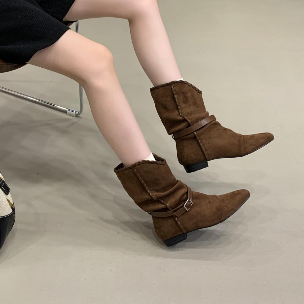 2025 autumn new belt buckle thick low tube thin suede versatile Martin fashion women's short boots