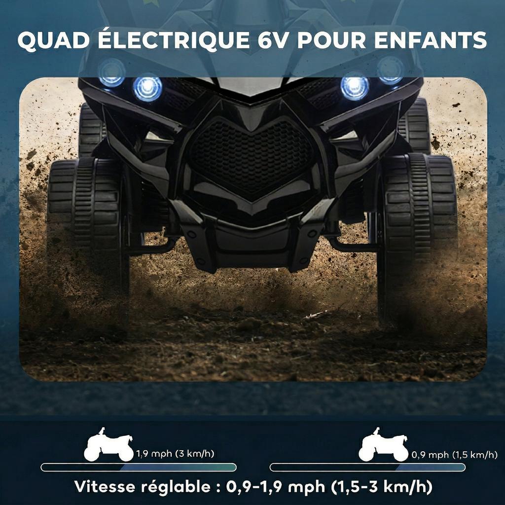 Kids Electric Quad 6V, Children's Electric ATV Car, Music and LED Headlights, 18-56 Months, 70x42x45cm, Black