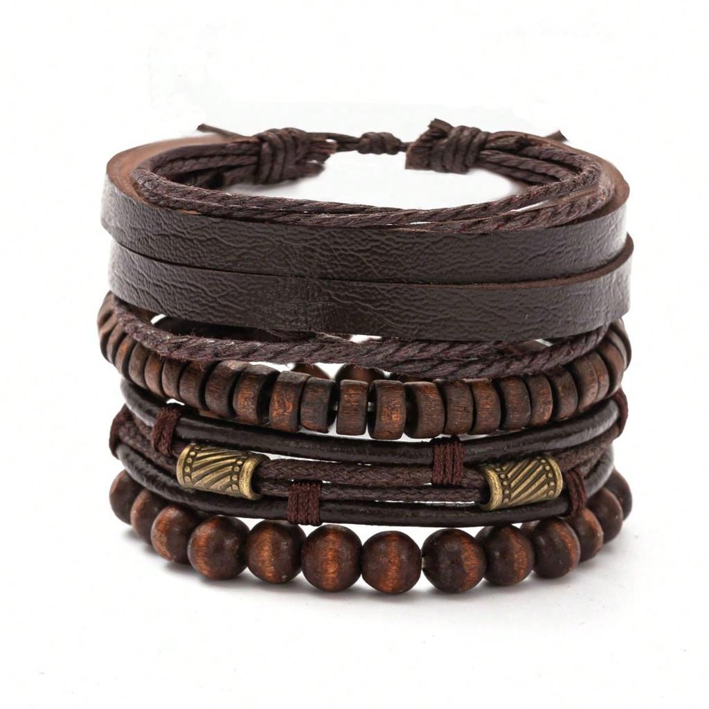 4Pcs/set Retro Literary Style Bronze Bundle Leather Wood Bead Set Bracelet
