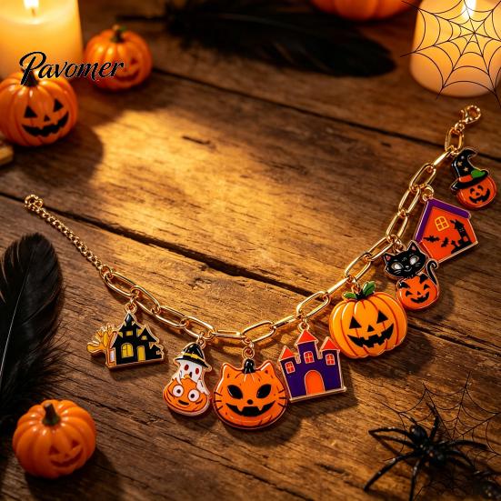 Acrylic Pumpkin Wrist Jewelry Halloween Charm Bracelets for Women, Cute Spooky Cat Ghost Castle Pendant Holiday Costume Accessory Bracelet, Adjustable