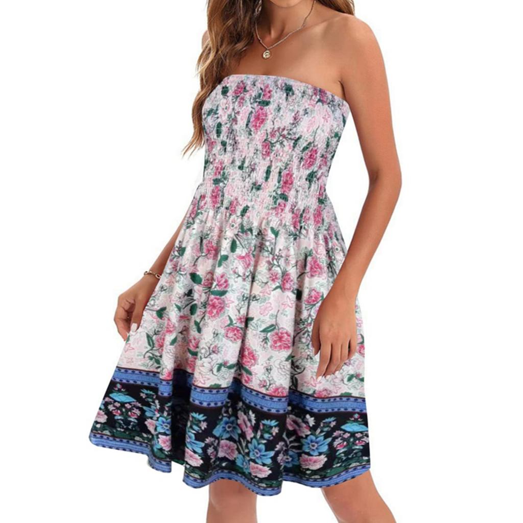 Strapless Dress For Women Summer Dresses For Women Beach Cover Ups Strapless Boho Floral Print Sundress