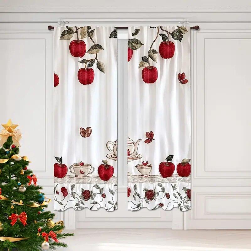2 Pieces - Apple Pattern - Pole Bag Curtains, Bedroom, Living Room And Kitchen Decoration, Home Decoration, Window Decoration