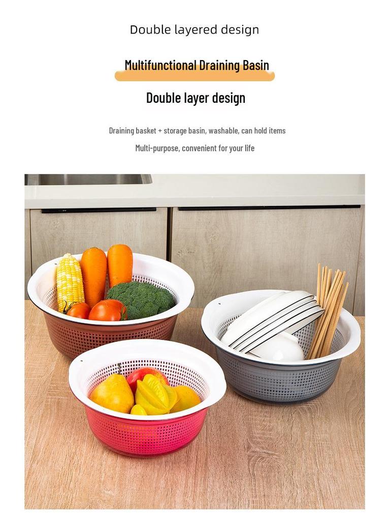 Large Kitchen Double-Layer Drain Basket with Lid for Fruit & Vegetable Washing and Storage