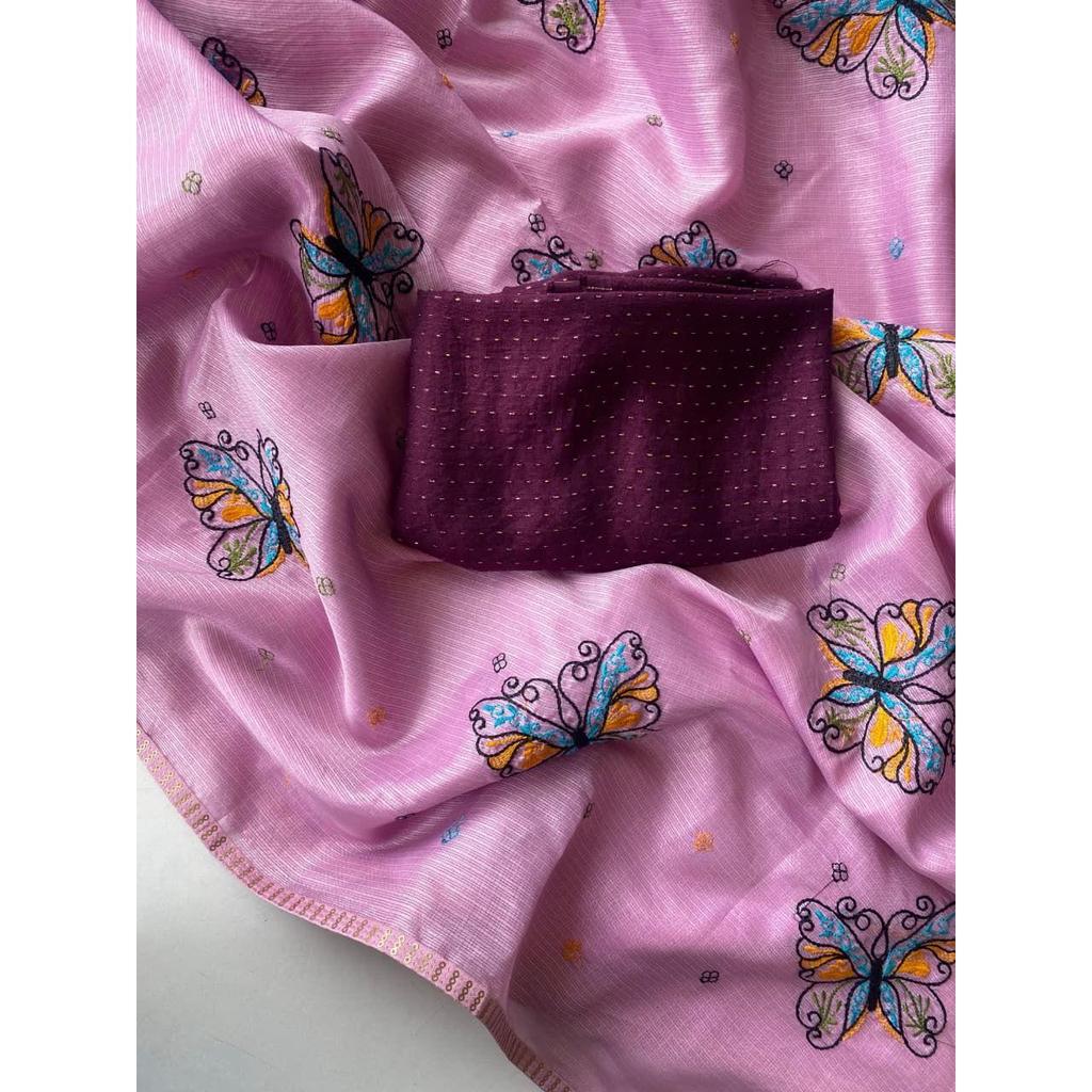 Pure kota silk saree with beautiful butterfly design embroidory all Over saree with piping