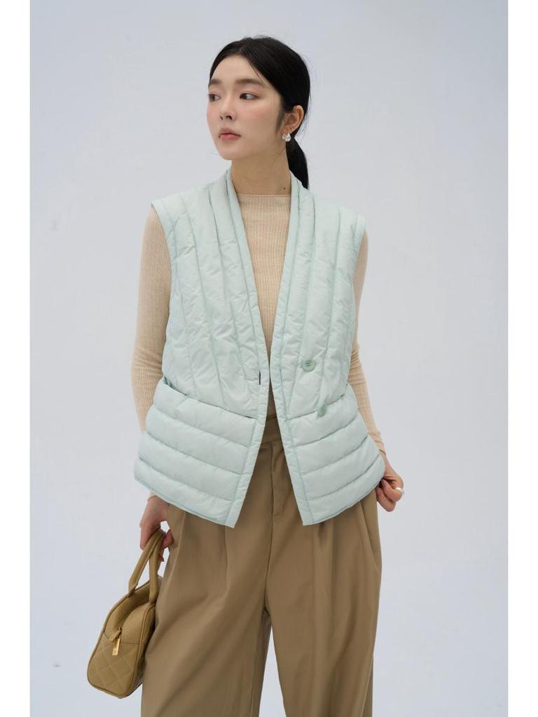 Gilet sans manches léger en duvet à col en V pour femme - 90% duvet, sans manches, amincissant, pour l'automne et l'hiver.