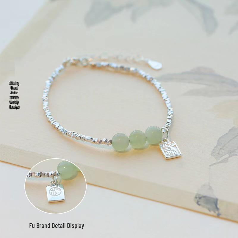 2024 Modern Chinese Hetian Jade & Silver 'Fu' Charm Bracelet for Women - Luxe, High-End Design with Jade Beads