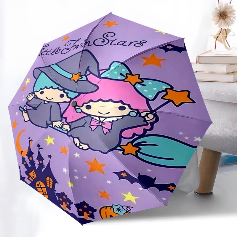 1pc Little Twin Stars Halloween Witch Broomstick Automatic Open/Closed Umbrella - Portable Tri-Fold Design with 8-Rib Iron Frame, Outdoor for Fans, Tr