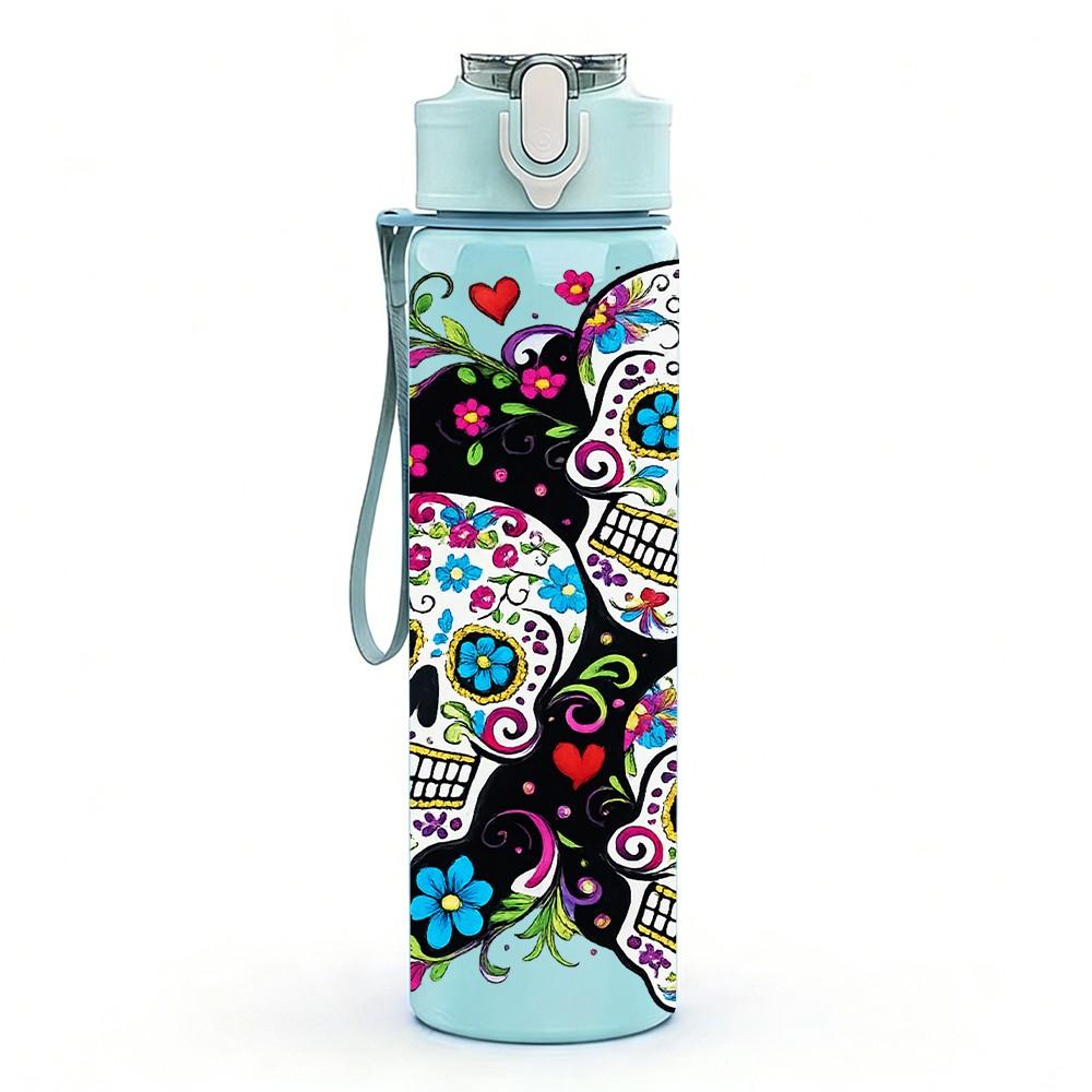 1PC Colorful Sugar Skull Art Print 750ml Color Plastic Sports Water Bottle Leakproof Flip Straw Lid Suitable for Sports Office Home Use