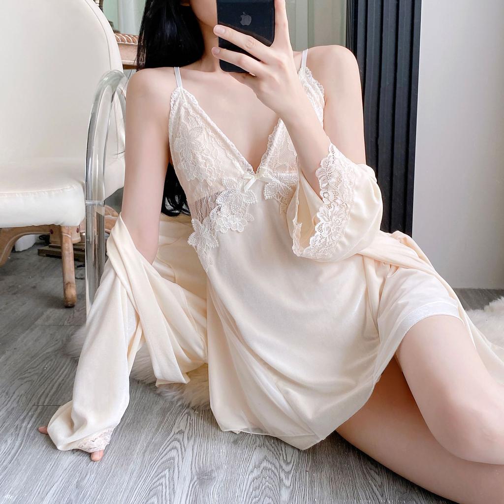 Female Sexy Winter Golden Velvet Pajamas Spring and Autumn Warm Suspender Nightgown Nightgown Two-piece Set Loungewear with Chest Pad