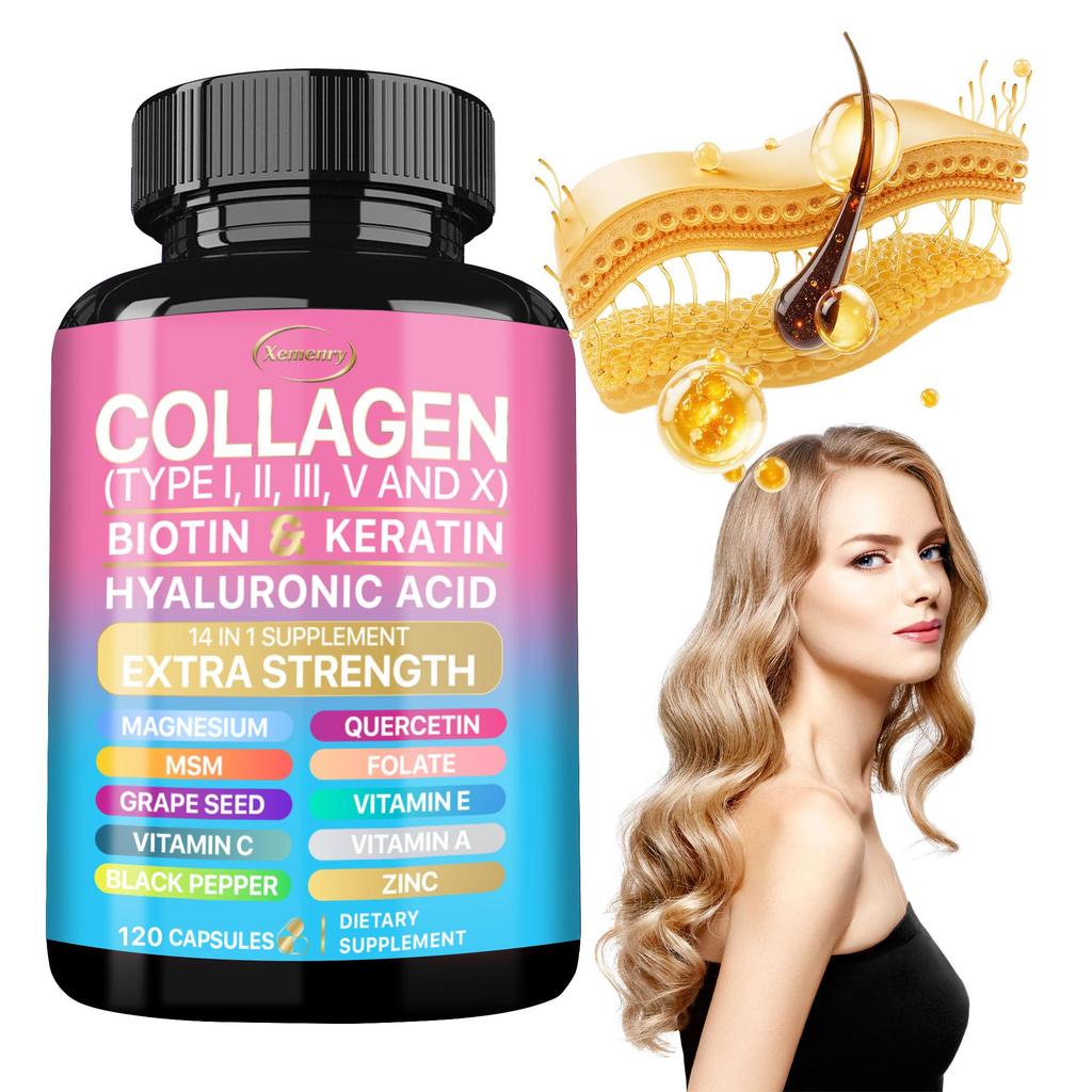 Multi-collagen Peptide Capsules, Containing Hydrolyzed Protein Peptides and Hyaluronic Acid, 120 Capsules, Suitable for Adults.