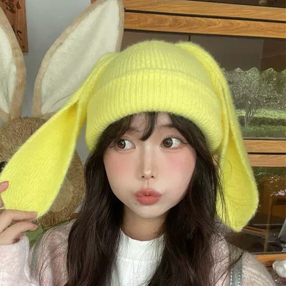 Elastic Bunny Pullover Cap Korean Style Solid Color Knitted Hat Woolen Hat Rabbit Ears Cap  Kids