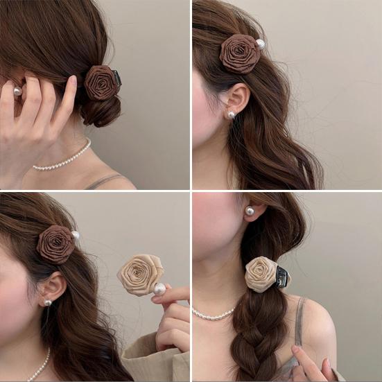 Hairpin Dry Rose Flower Decor Hair Clip with Imitation Pearls Half-Tie Hair Side-swept Hair Claw Vintage Style Hair Accessory