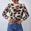 Winter Womens Leopard Jacquard Knit Crewneck Pullover Sweater