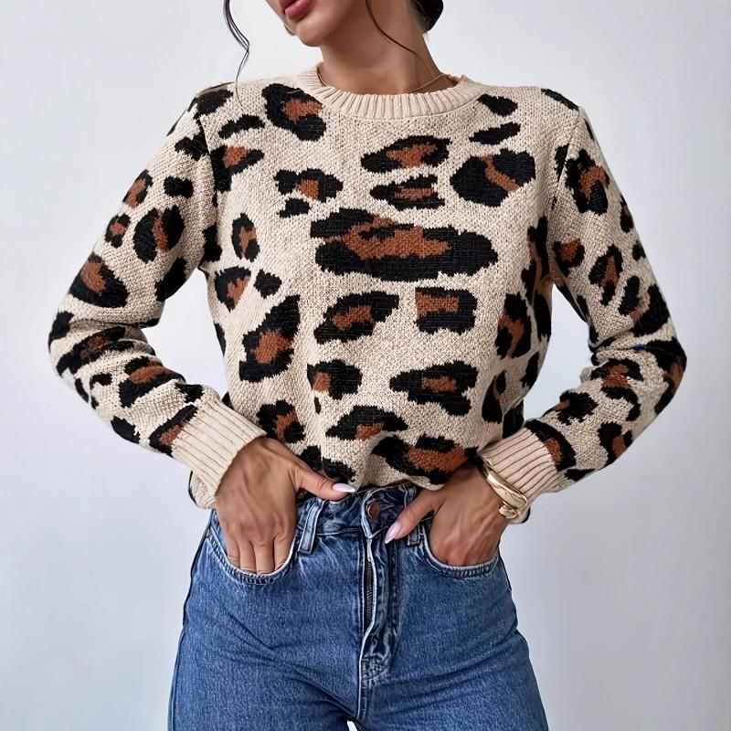 Winter Womens Leopard Jacquard Knit Crewneck Pullover Sweater