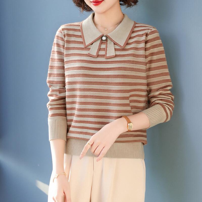 Baolianduo Women's Long-Sleeve Striped Knit Polo