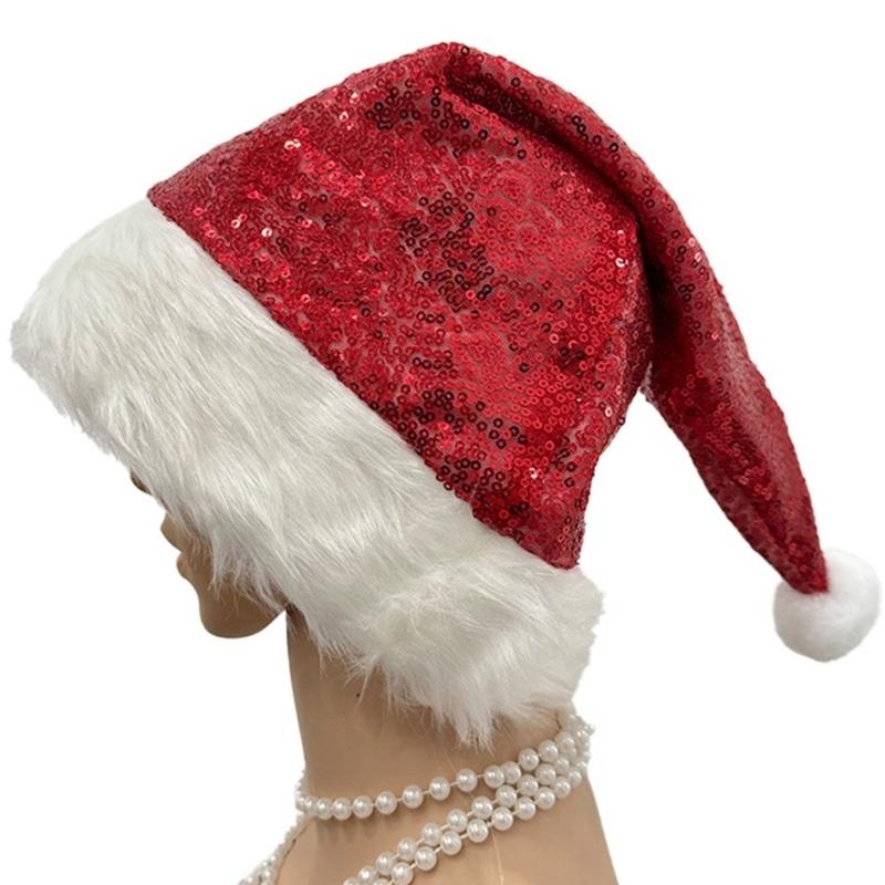Shimmering Christmas Hat for Adult Kids Santa  Caps with Furry Trim Festival Costume Noel Hat Holiday Sequined Hat