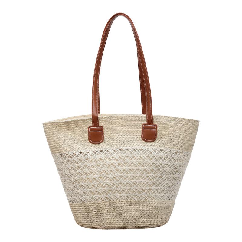 Handwoven Straw Tote Bag with Leather Handles Woven Pattern Summer Beach Bag Casual Everyday Use