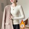 Women's Slim Fit Ribbed Knit Long Sleeve Top - Fleece-Lined Round Neck for Fall/Winter 2024