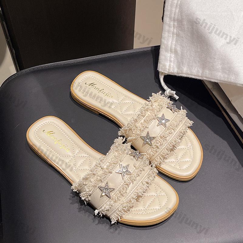Fashion Women Summer Shoes 2025 Summer New Non Slip Comfortable Slippers Outdoor Fashion Rhinestone Flat Sandals Soft Bottom Beach Shoes