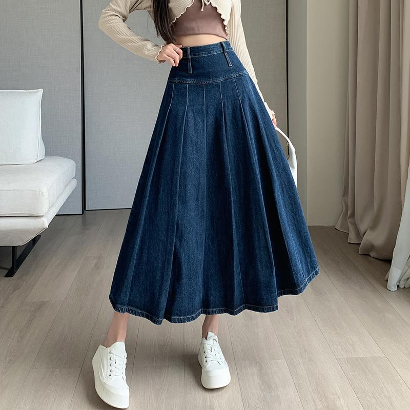 Chic Pleated Jeans Skirts Spring Autumn High Waist Long Washing Ladies Straight Women Loose Denim Midi Skirts
