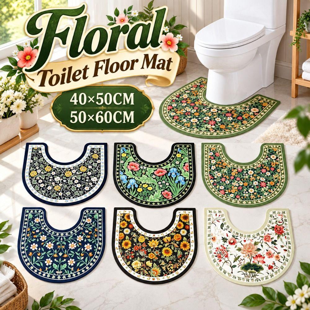 Floral Pattern Toilet U-shaped Mat Absorbent Bath Mat Practical Bathroom Floor Rug Household