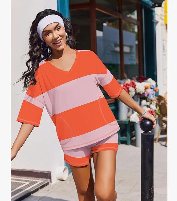 Spring/Summer Women's Striped Short-Sleeve Top & Casual Shorts Two-Piece Sportswear Set