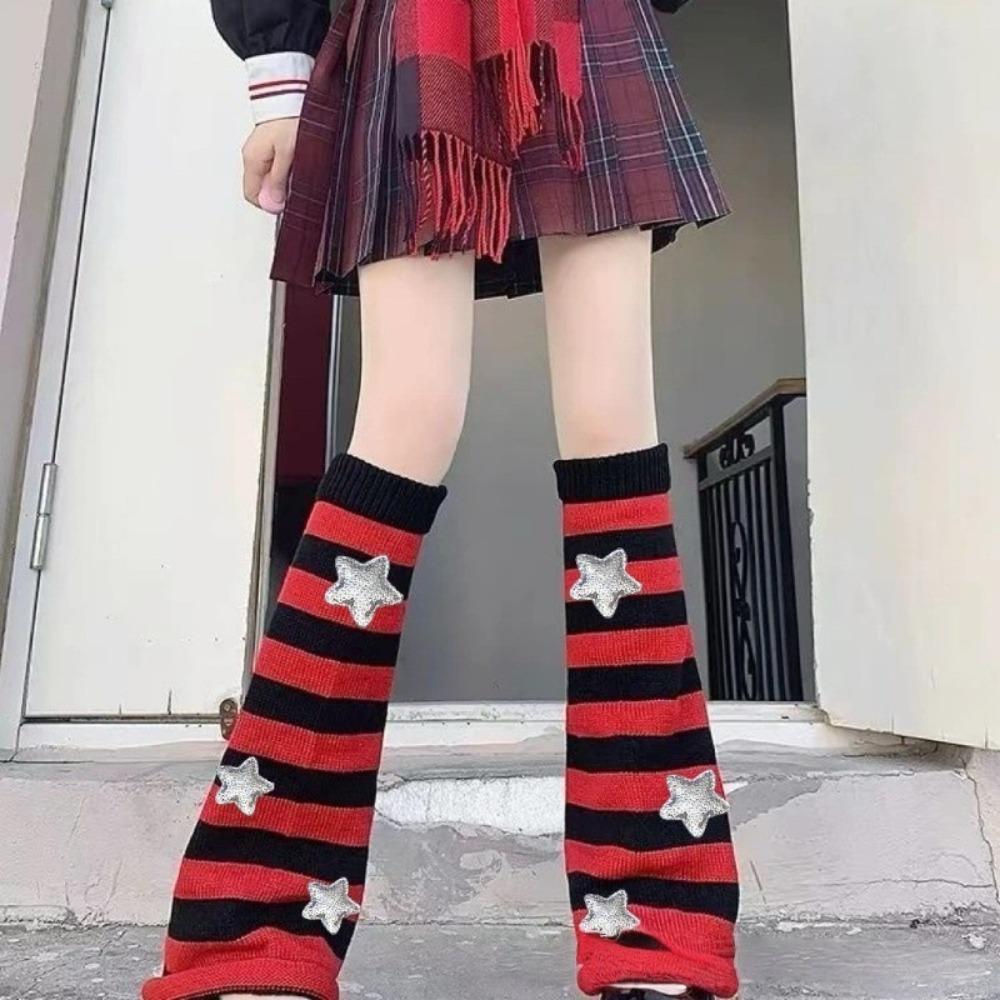 Star Decoration Knit Long Socks Striped Leg Warmers Vintage Boot Cuffs For Women