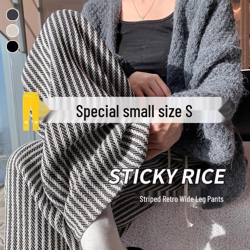 Striped Woolen Drawstring Wide-Leg Pants for Women – High Waist Black & White, Petite 150, XS, Autumn/Winter Casual.