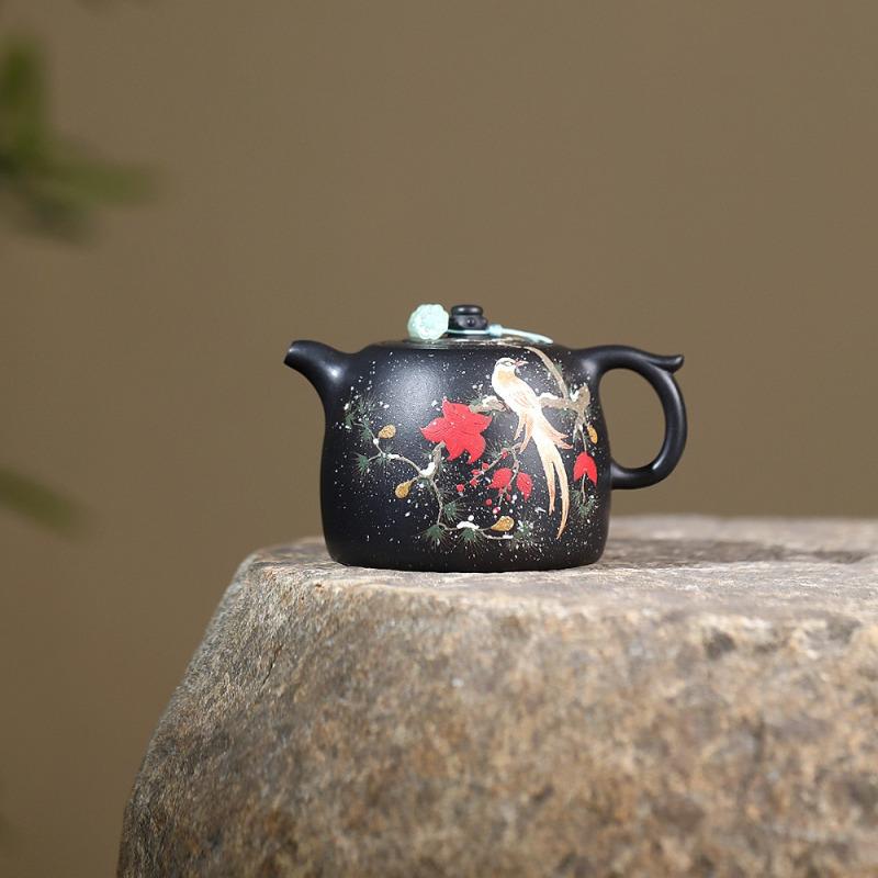 

240ml Yixing Purple Clay Teapots Handmade Flowers And Birds Well Fence Pot Raw Ore Black Mud Tea Maker Kettle Strainer Zisha Tea