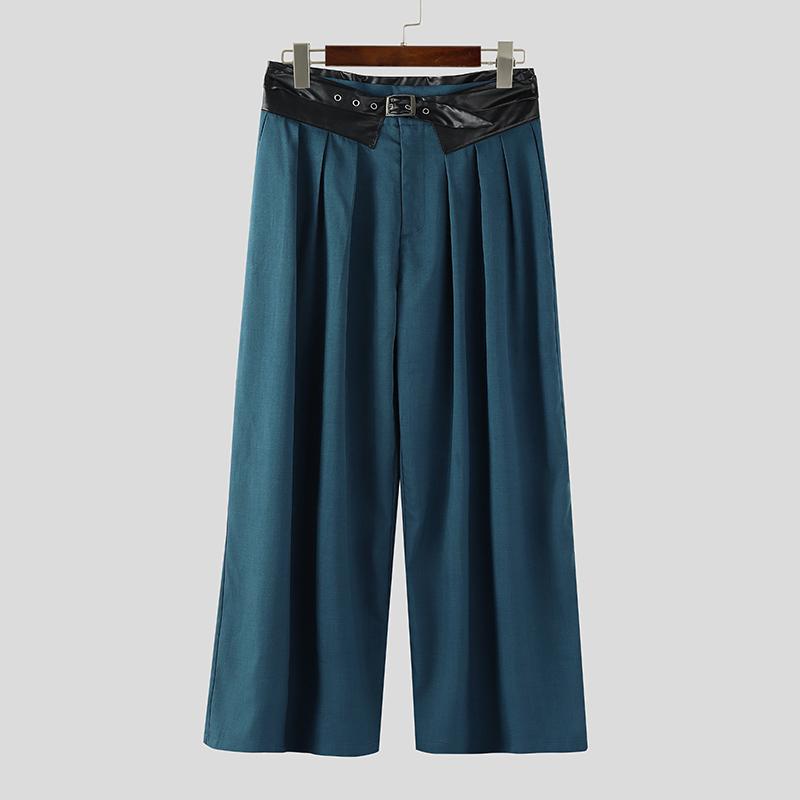 

INCERUN Men Zip-up High PU Waist Pleating Casual Long Wide Legs Pants Trousers 5XL синий