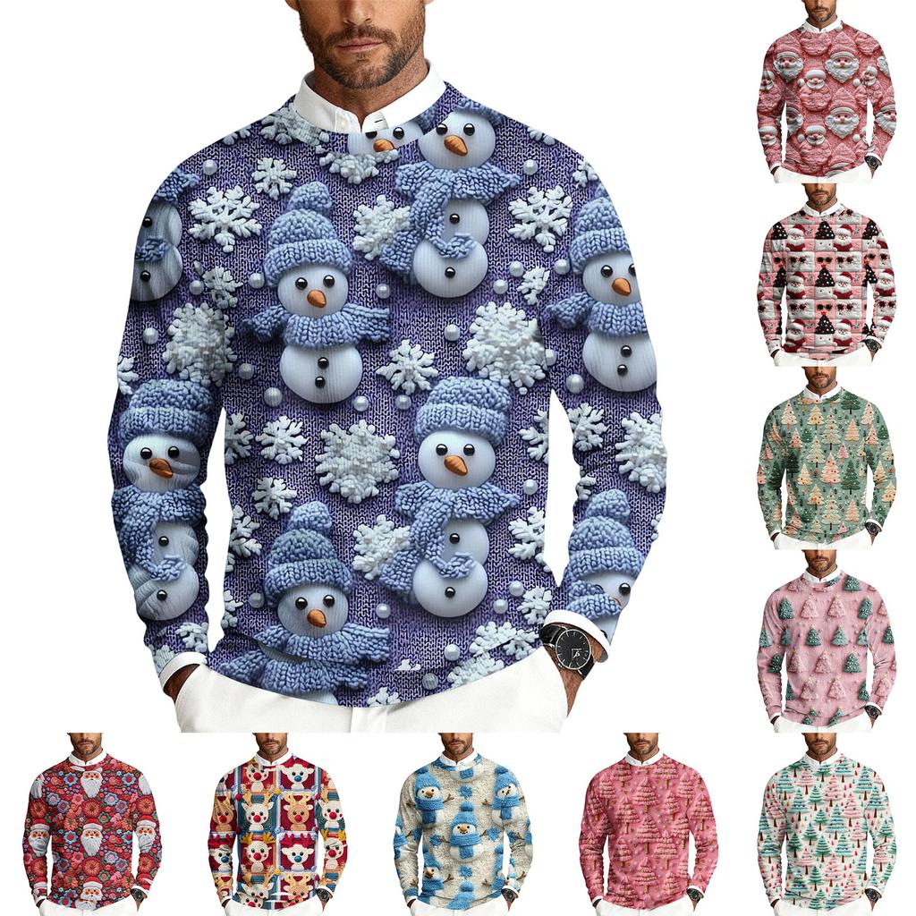 Men's Christmas Printed Crewneck Long Sleeve Ribbed Knit Pullover Sweater | Relaxed Fit Casual Business Knitwear For Holiday Parties & Daily Wear