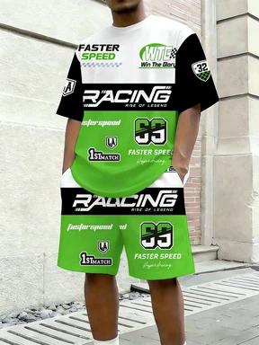 2026 Trendy Men's Casual Wear American Street Fashion Racing Racing Style Contrast Print T-Shirt Set