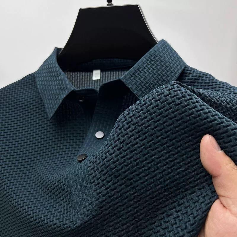 Camisa polo masculina casual de seda gelo macia e confortável verão manga curta cor sólida respirável básica simples camiseta fina