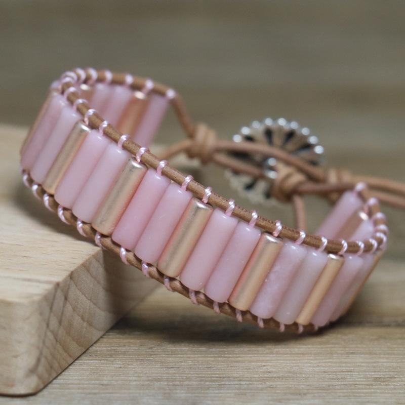 Pink Tube Bead Leather Wrap Bracelet – Rose Gold Accent Boho Jewelry, Adjustable Love Gift for Women