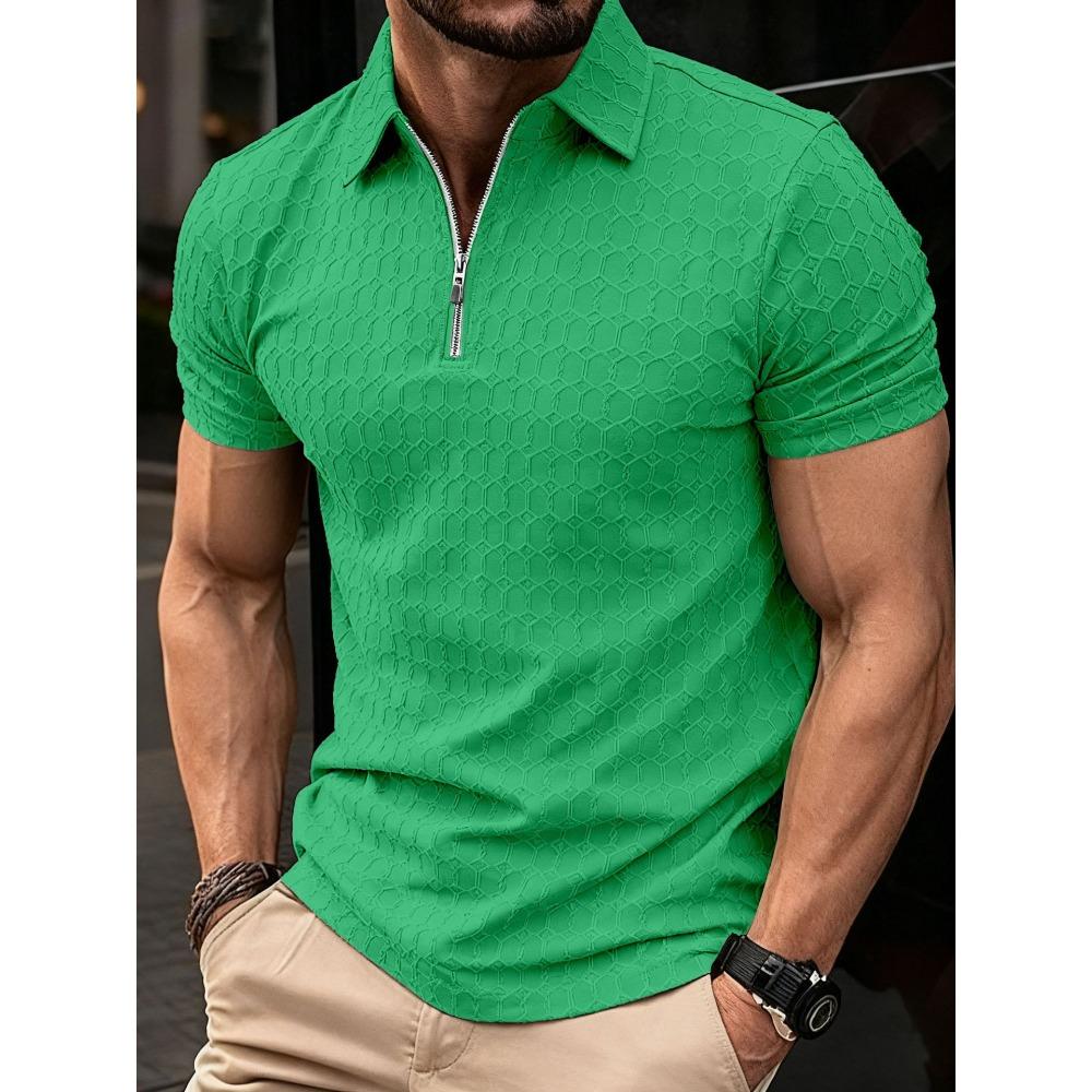 Men's Casual Polo Shirt with Zip, Short-sleeved, Loose-fit, Plain-coloured, Versatile T-shirt