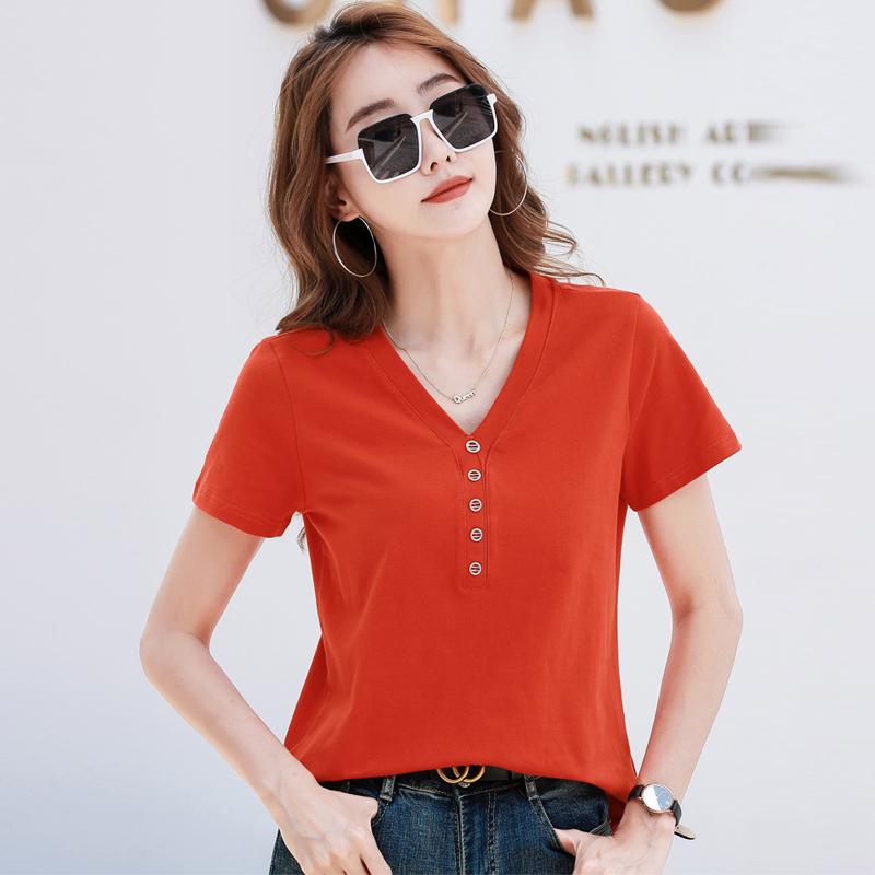 

Летние женские новые модные тонкие однотонные удобные топы с v-образным вырезом, женские полосатые универсальные футболки с короткими рукавами на пуговицах XXXL